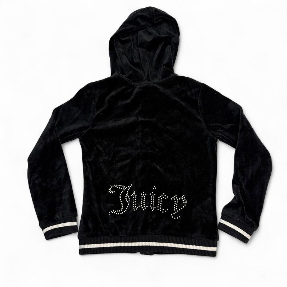 Juicy Couture black velour zip up hoodie white stripes on sleeves hem Kid size 7